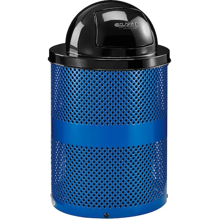 Global Industrial Outdoor Perforated Steel Trash Can With Dome Lid, 36 Gallon, Blue 261949BL